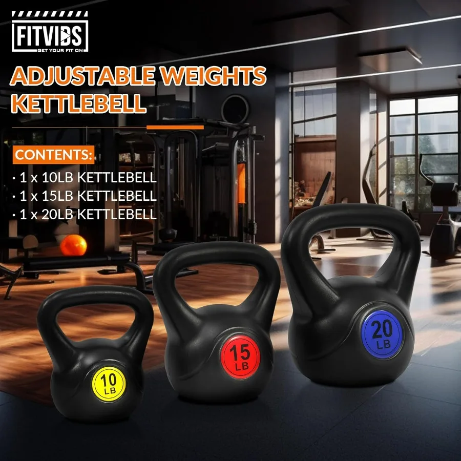 Fitvids Wide Grip 3Piece or 4Piece Kettlebell Exercise Fitness Weight Set Include 5 lbs 10 lbs 15 lbs and 20 lbs Set of 3 or Se