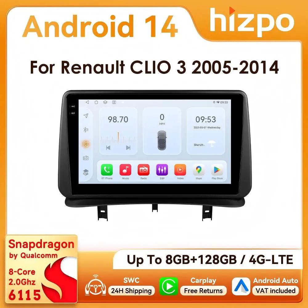 9" Hizpo 2Din Android Autoradio für Renault Clio 3 2005 - 2014 Snapdragon 6115 Steuergerät RDS DSP 4G Auto CarPlay GPS Navigation