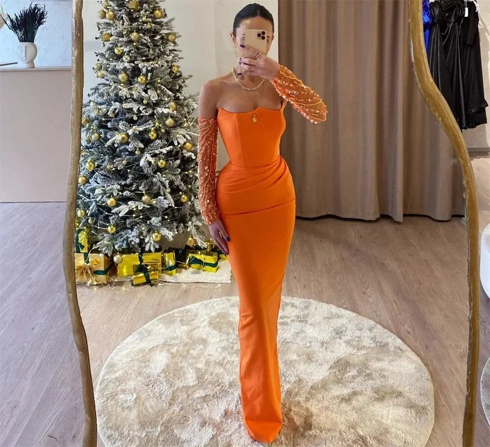 

Sexy Sparkle Strapless Mermaid Prom Dresses Orange Satin Formal Occassion Evening Party Gown Floor Length فساتين للحفلات الراقصة