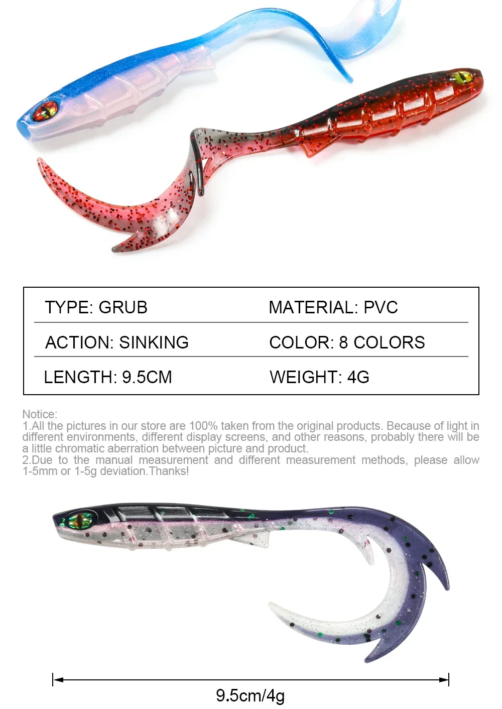 Spinpoler 9,5 cm langer gewellter Locken-Schwanz, weicher Köder, Angelköder, 3D-Augen-Silikon-Swimbait, gefälschte Fische, Bass, Forelle, Zander, Meer, Jig-Angeln – Detail 2
