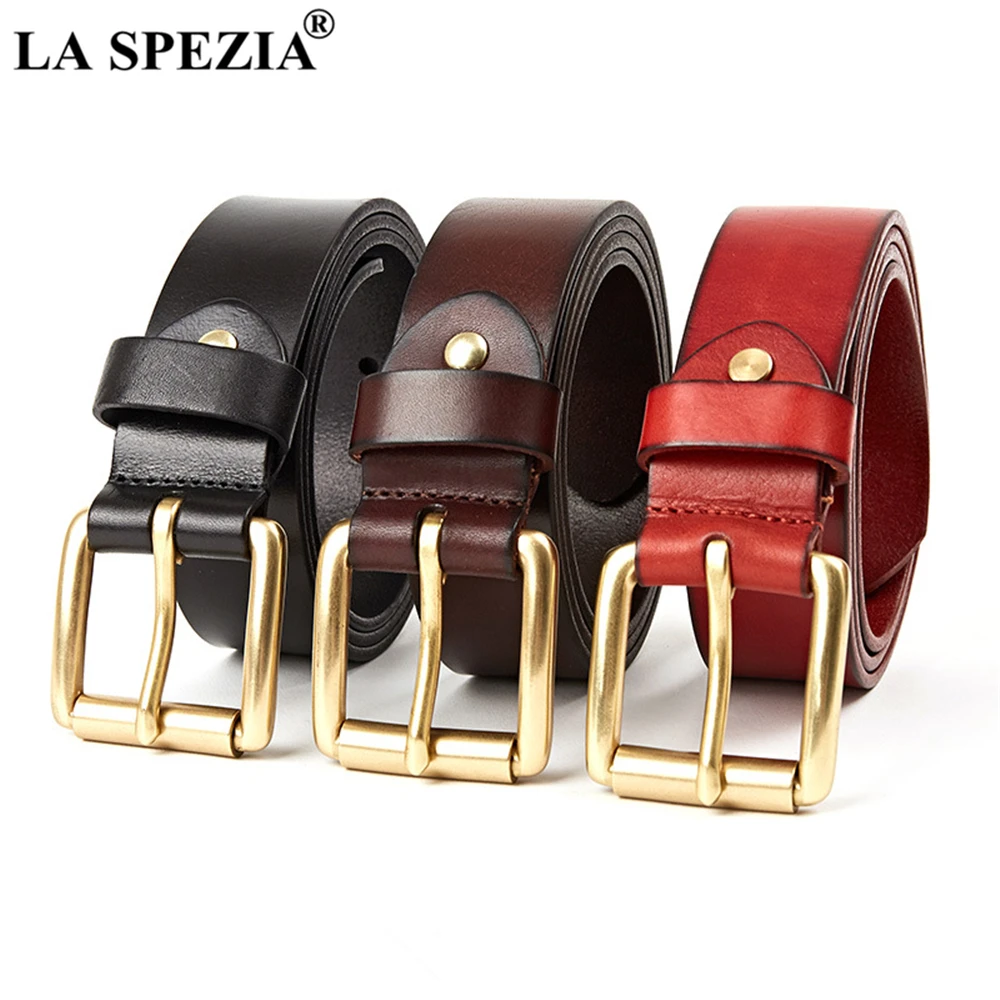 LA SPEZIA Real Leather Men Casual High Quality Belt Brass Buckle Genuine Leather Belt Male Black Coffee Red Men's Belt 115cm