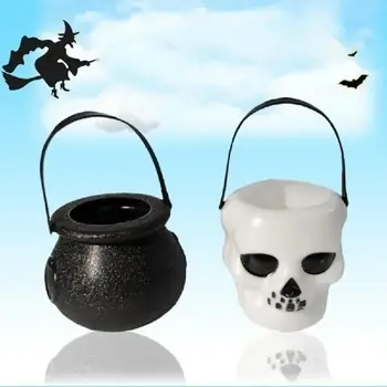 1Pcs New Black or White Plastic Candy Jar Skull Witch Candy Kettle Halloween Party Hanging Props Decor 2