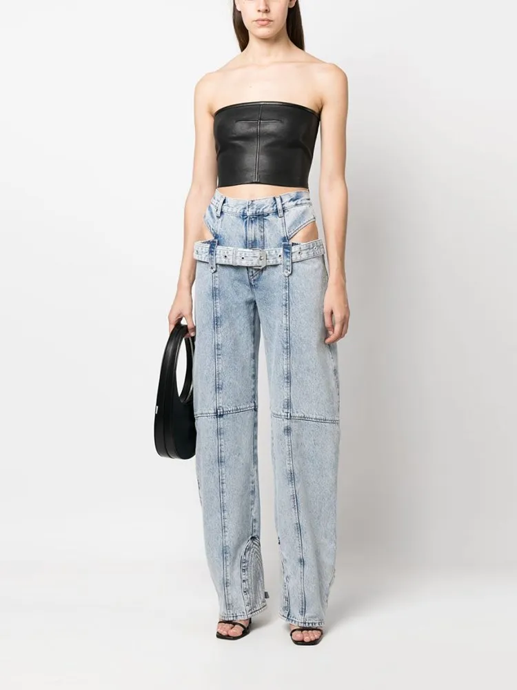 TWOTWINSTYLE Casual Cut Out Denim Trousers For Women High Waist Patchwork Belt Vintage Streetwear Jean Female Fashion Clothing