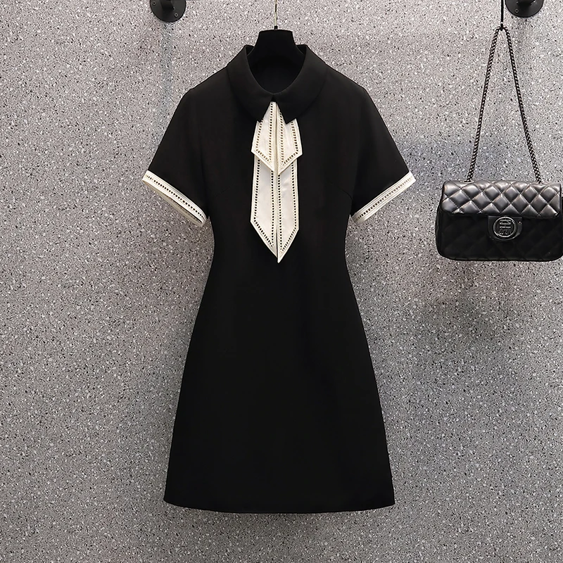 

Plus Size Women POLO Black y2k Dress Short Sleeve Hollow Out Elengat Mini A Line Dresses Female Fashion High Street Clothing