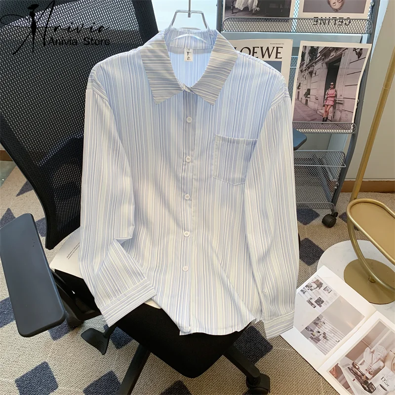 

Women's Spring/Summer French Vintage Blue Stripe Shirt Lapel Loose Office Casual Commuter Long Sleeve Y2K Design Shirt Top 2024