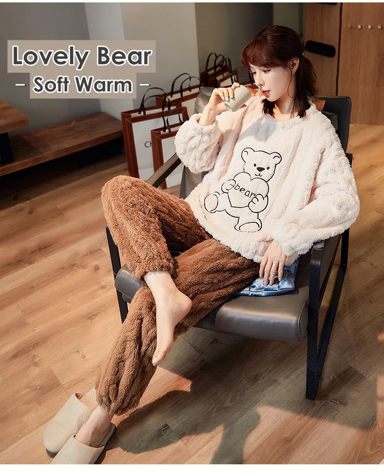 Yasuk Winter Fashion Women's Men Casual Warm Soft Sleepwear Pajamas With Pants Velvet Jacquard Fleecel Lovely Bear Couple Unisex