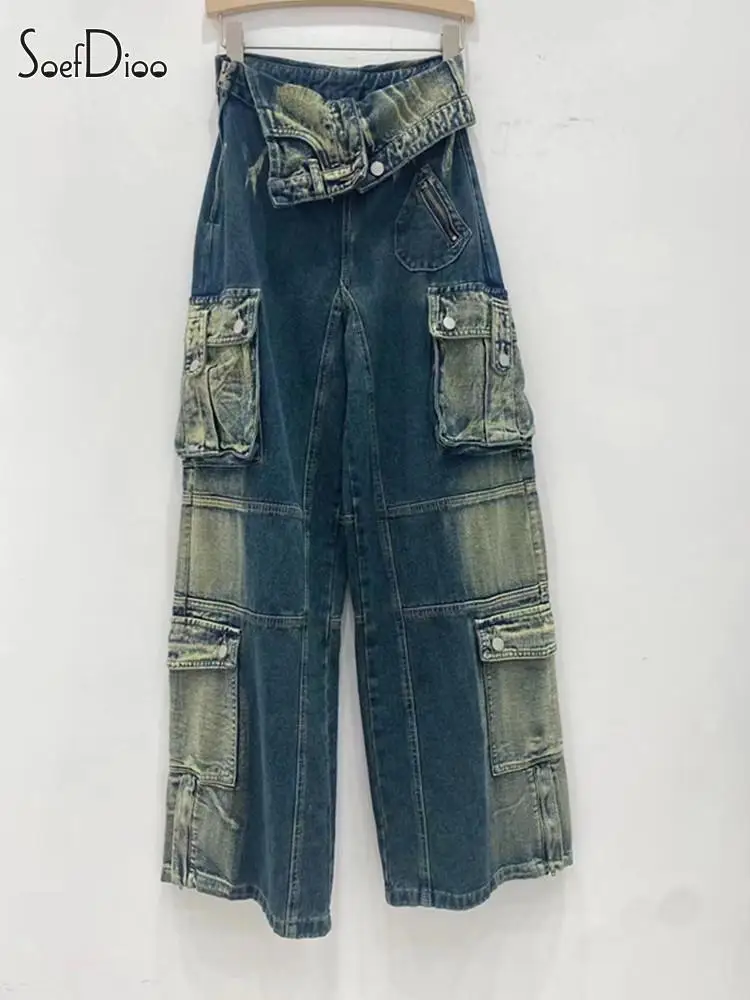 

Soefdioo Vintage Patchwork Multiple Pockets Ruched High Waist Wide Leg Denim Pants Women 2023 Y2K Fashion Street Jeans Trousers
