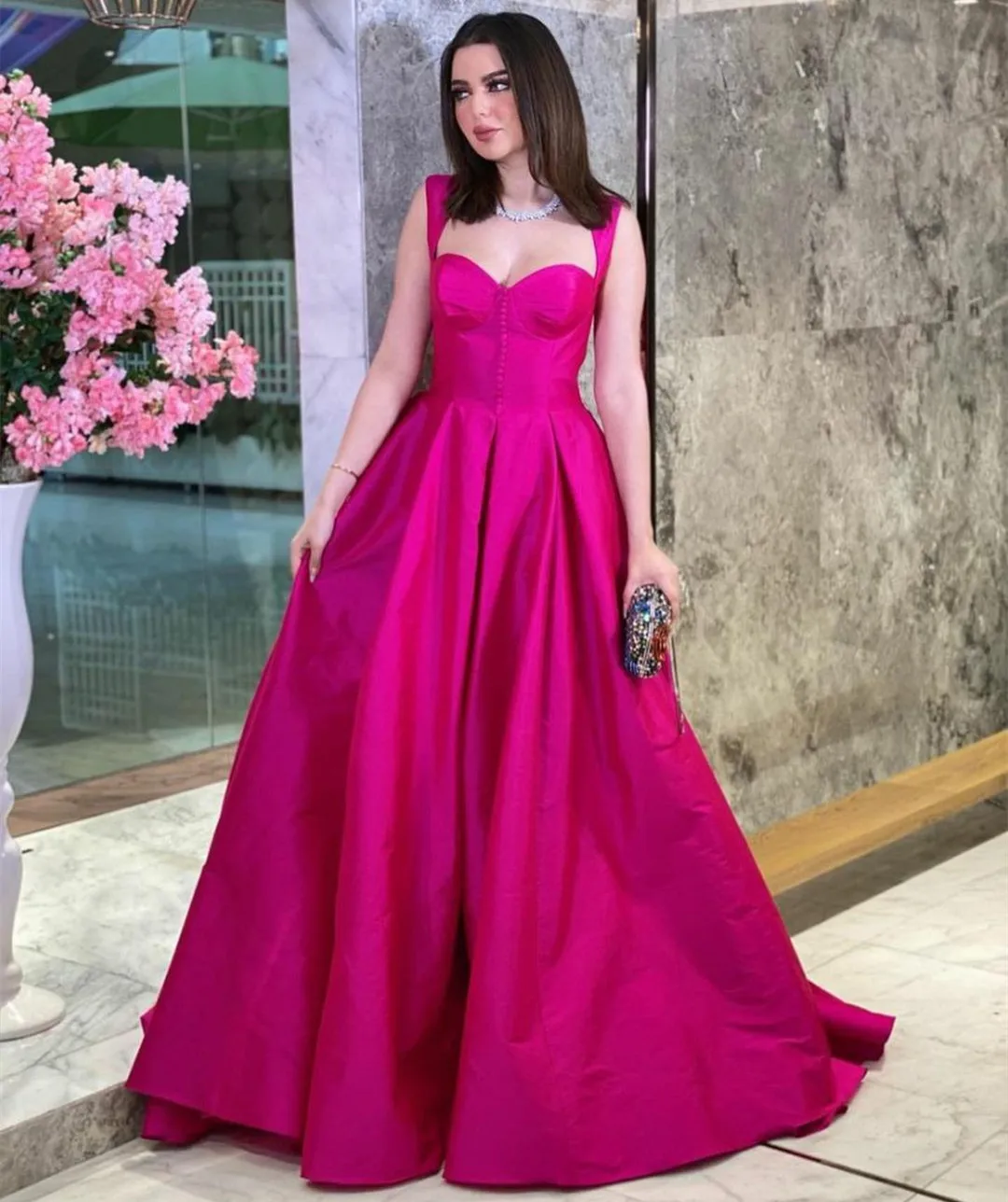 

Vintage Long Taffeta Sweetheart Evening Dresses With Pockets A-Line Straps Floor Length فساتين سهرة Formal Party Dress for Women