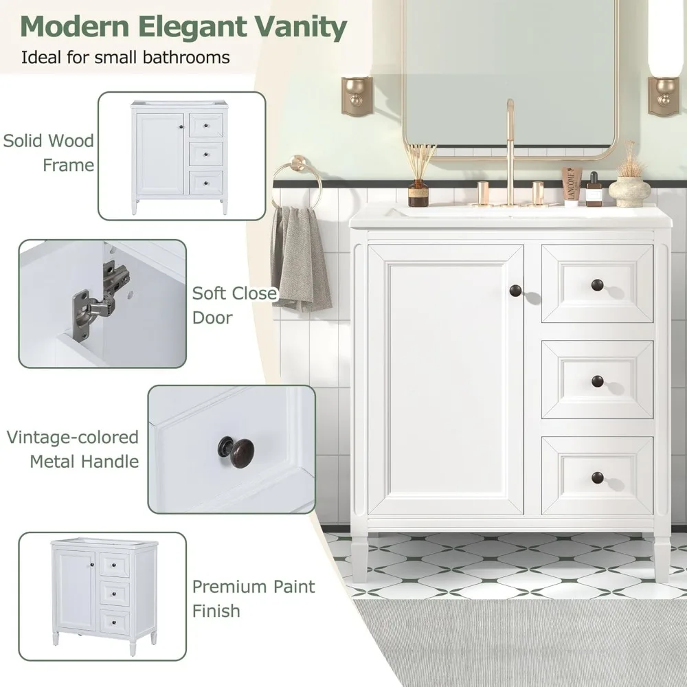 30" Bathroom Vanity with Sink,Freestanding Bathroom Vanity and Basin Sink Combo with Three Drawers and Two Door Shelves, (White) 5