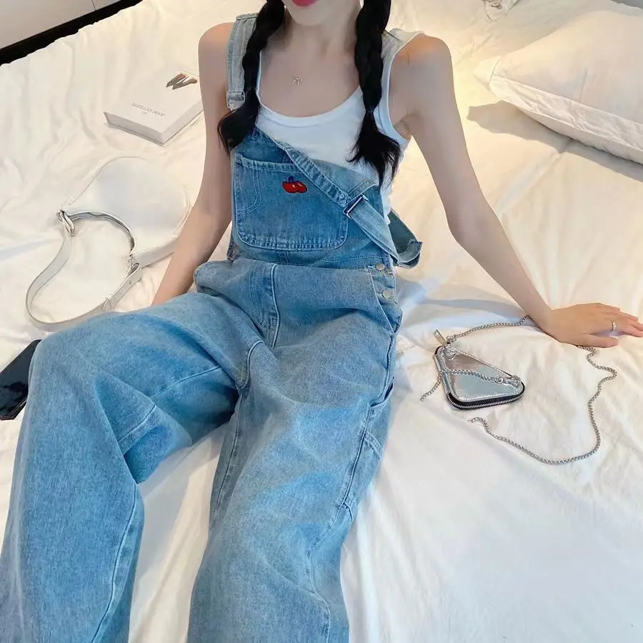 Braces Trousers Cherry Embroidered Women New Vintage Baggy Denim Braces Trousers High Street Straight Loose Wide-Leg Pants