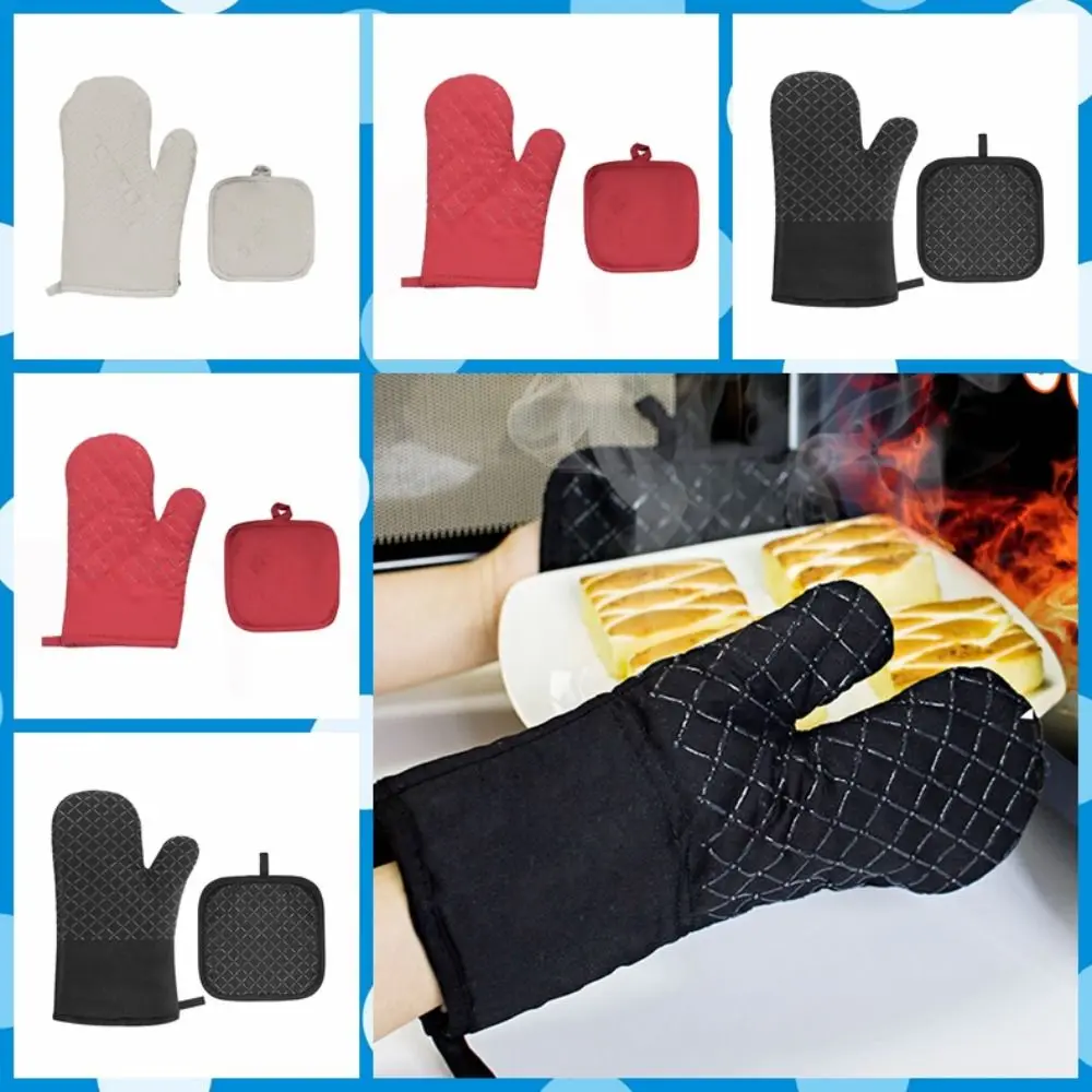 

With Pot Holder Oven Mitts Non-Slip Silicone Plaid Pattern Kitchen Gloves Thermal Insulation Anti-Scald Insulated Glove Dish