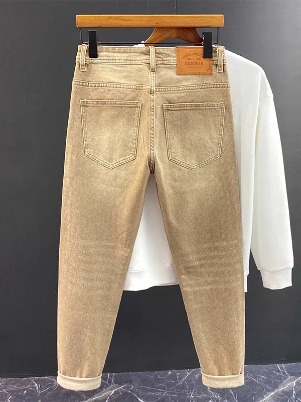 Casual Men's Jeans Summer Khaki Small Straight Leg Elastic Slim Fit Pants Faion Urban Sle Long Trousers Stone Waed