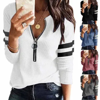 New Spring Fall Stripe Big Zipper Retro Sweater Long Sleeve Sweater Fashion Loose Pullover Womens Winter Sweaters Warm T-shirt 1
