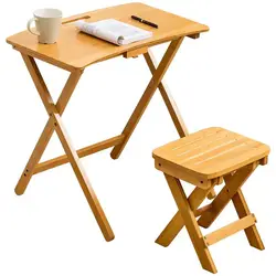 Solid Wood Folding Laptop Table Study Desk Table Chair Set for Kids Writing Reading Studying Height Adjustable Bamboo Material