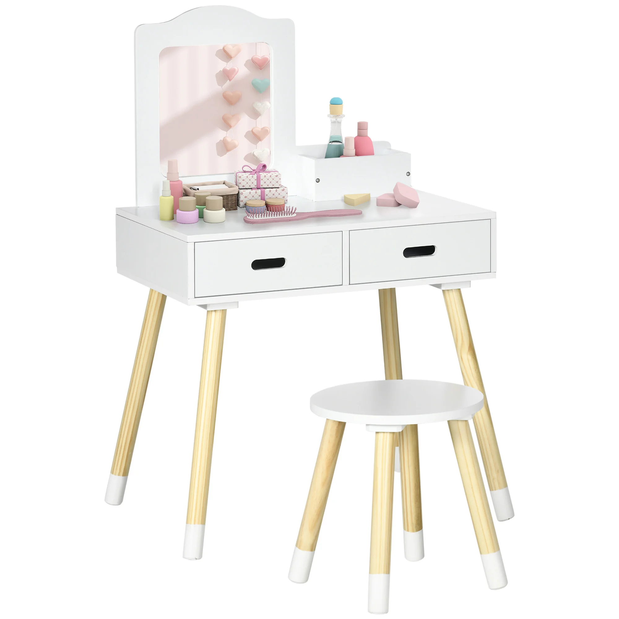 Zonekiz Coiffeuse pour filles de 3 à 6 ans avec tabouret et miroir 60X40X95 cm Blanc