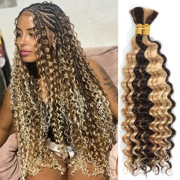 P4/27 Highligt Deep Wave Bulk Human Hair Braiding Blonde Curly Brazilian Human Hair Extensions for Micro Braiding No Weft 1