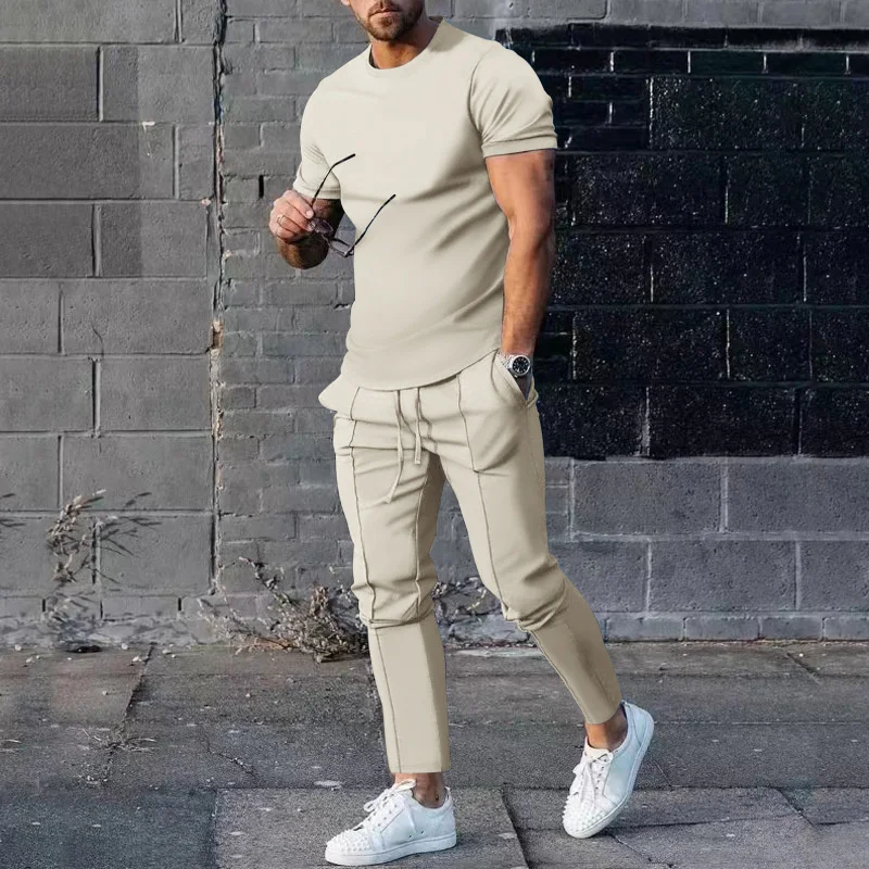 Summer Round Neck Short Sleeve T-Shirt Solid Color Two-piece Sets Men's Sports Loose Waist Lace-up Long Pants Male Casual Suits