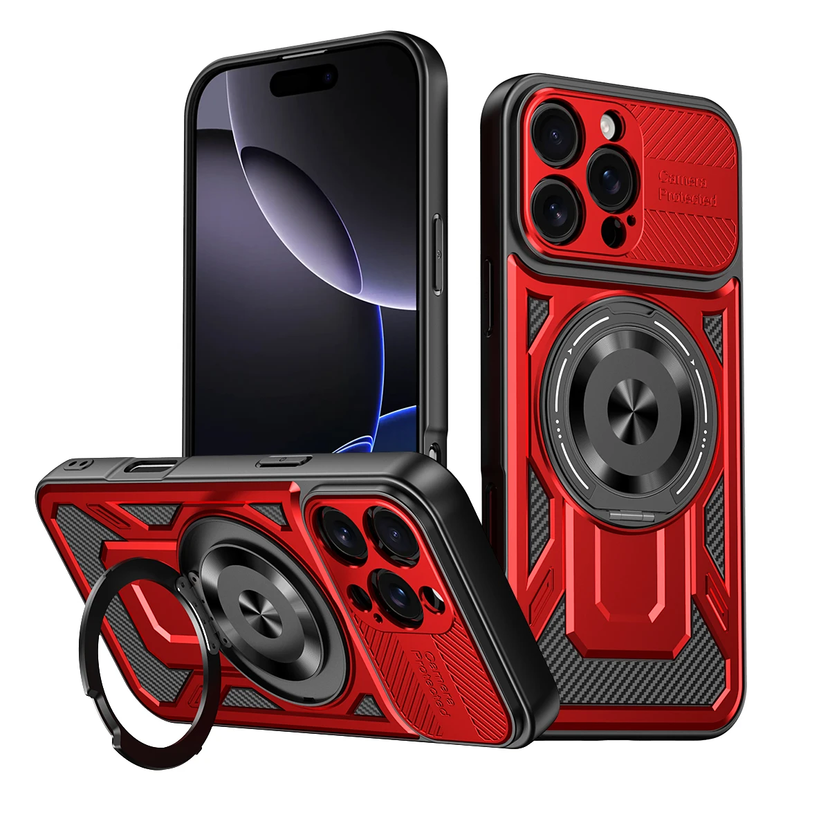 All-In-One Magnetic Metal Ring Stand Case with 360° Rotating Armor Protection and Wireless Charging Compatibility