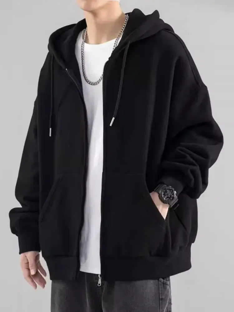 Autumn Winter Men's Plush Zipper Cardigan Hoodie Fashion Casual Solid Loose Versatile Top Coat Oversized Hooded Sweatshirt