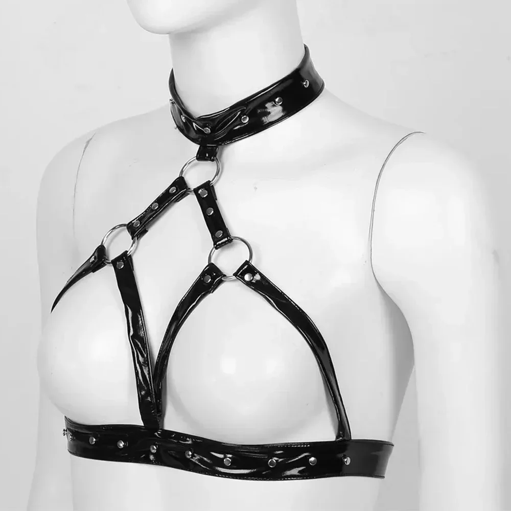 Sexy Women's Halter Neck Bandage Erotic Expose Breast Nipple Lingerie Latex Leather Sleeveless O Ring Buckled Open Cup Bras Tops