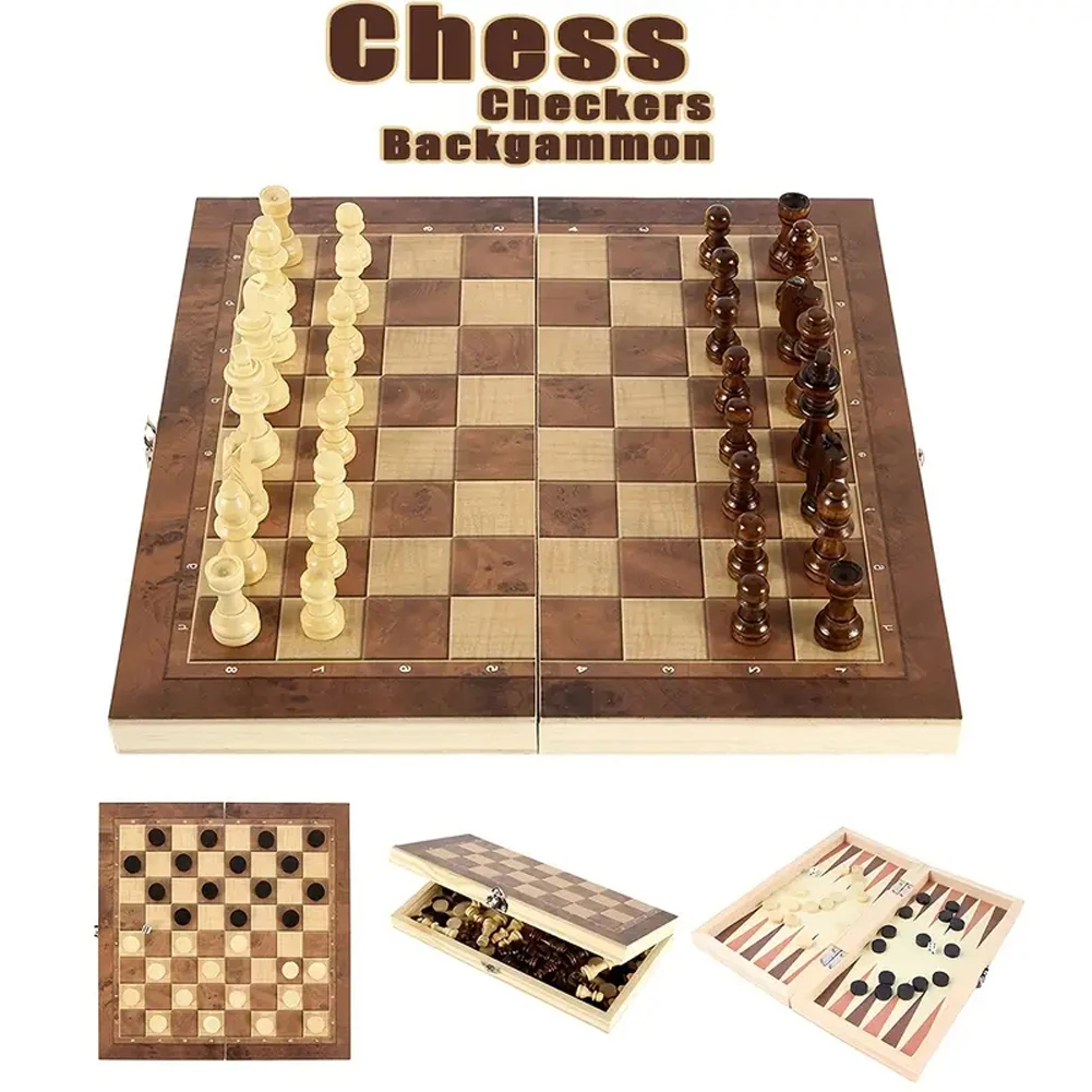 Board Game 3in 1 Portable Travel Chess Checker Backgammon Folding Storage Wooden Set International Checkers