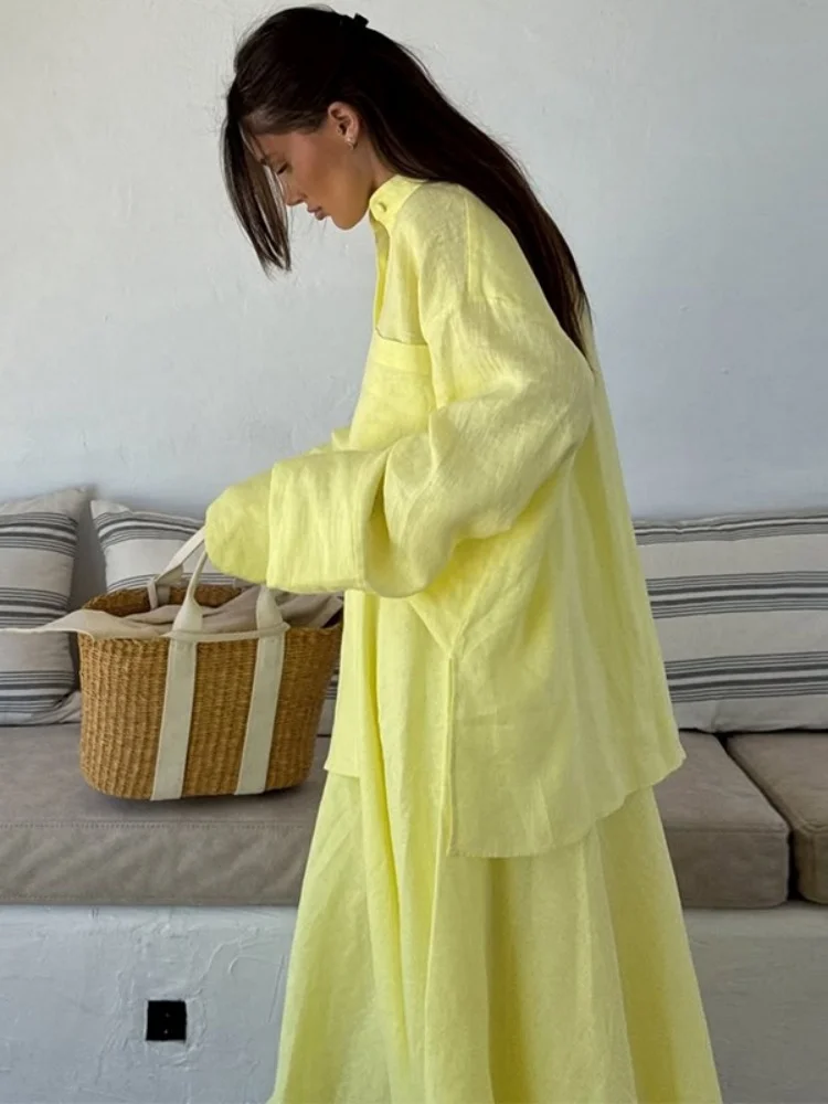 Wmstar Two Piece Set Women Wholesale Woman Clothing 2025 Summer New Casual Loose Long Sleeved Shirt Skirt Yellow Fashion