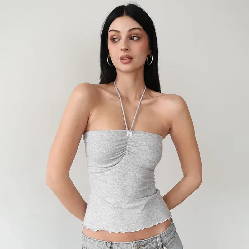 Top de una pieza informal corto con dobladillo enrollado para mujer, moda de verano, top bandeau de color liso, top sexy con cuello de encaje y sin mangas.