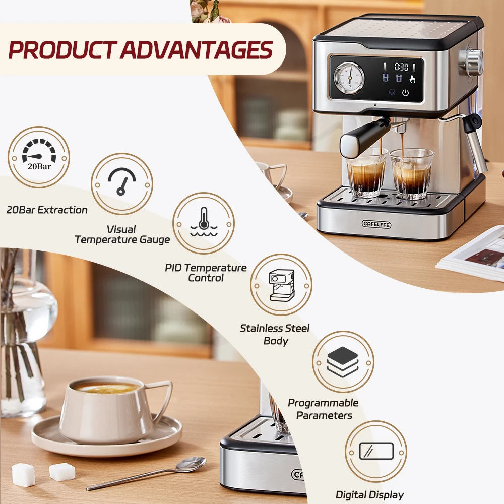 Cafelffe Espresso Coffee Machines Stainless Steel with Milk Frother Steam Wand Semi-Automatic Cappuccino maker 20Bar cafetera 5