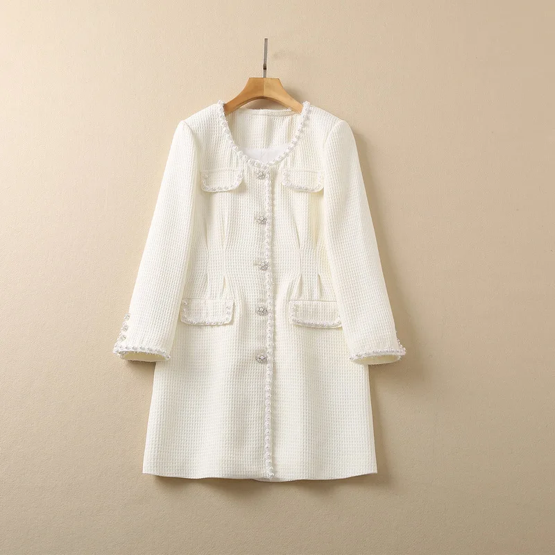 

Women's Wear for Winter 2023 Long Sleeve Round Neck Nail Bead Single Breasted Fashionable Tweed Dress New European and American