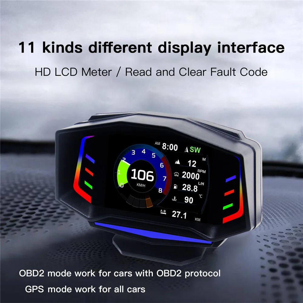 자동차 HUD OBD2 GPS 헤드업 디스플레이 경사계, 디지털 속도계, 나침반 경사 미터 디스플레이, 과속 경보, 자동차