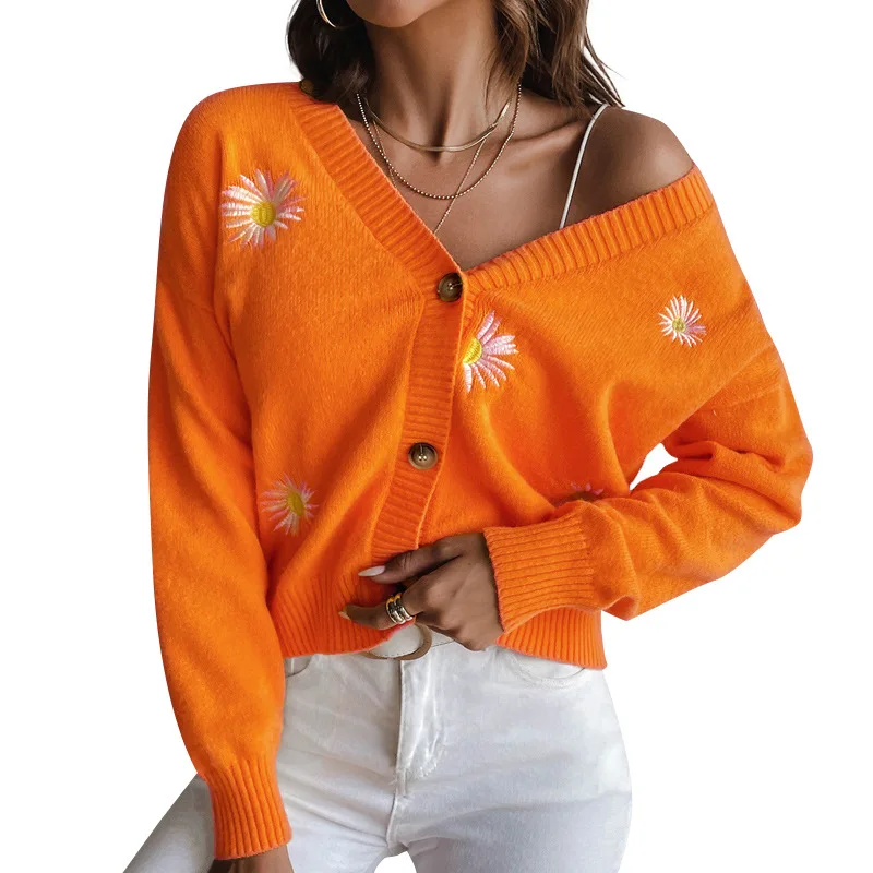 

Sweet Women's Small Chrysanthemum Embroidered V-neck Sweater Jacket Autumn and Winter New Loose Knit Cardigan