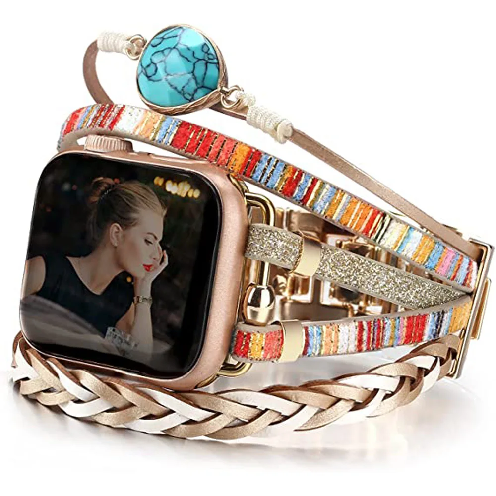 

Women's Leather Diamond Strap For Apple Watch Band 49mm 44mm 40mm 45mm 41mm Metal Bracelet iWatch series 9 8 7 SE 8 Ultra Strap