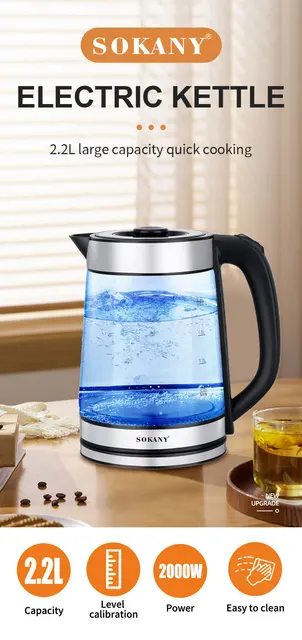 1L Electric BPA-Free Glass Kettle, Cordless 360°, Blue LED , Auto