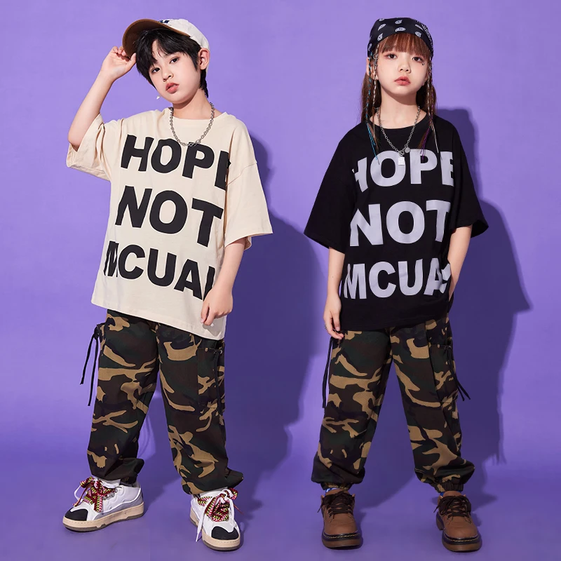 

Kids Kpop Show Clothing Graffiti Tshirt Casual Streetwear Camo Joggers Hip Hop Pants for Girls Boys Jazz Dance Costume Clothes