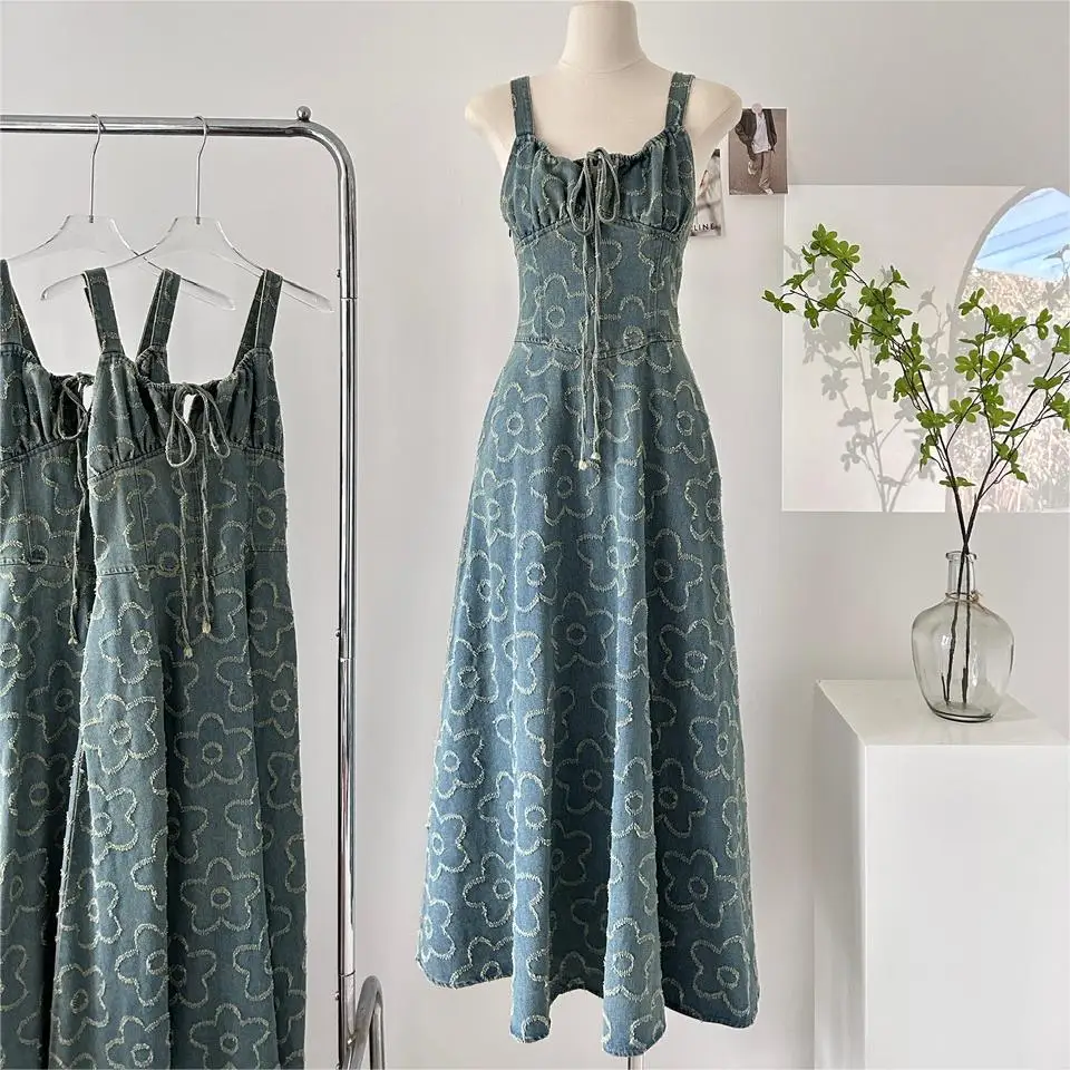 

Summer New U Neck Denim Long Dresses Fashion Retro Female Party French Flower Design Spaghetti Strap Dress Sexy Vestidos