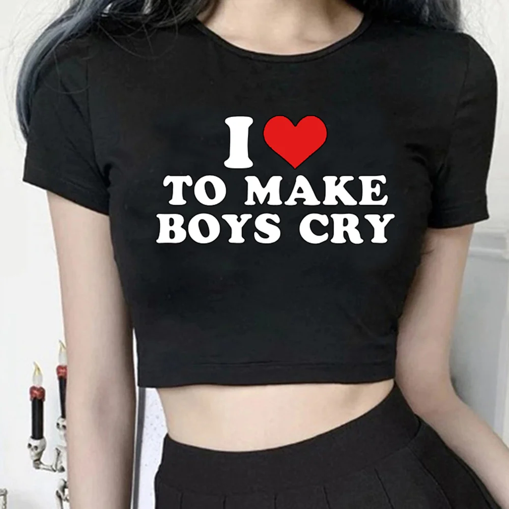 

Женский Готический кроп-топ с надписью «i love to make boys cry эстетический cyber y2k»