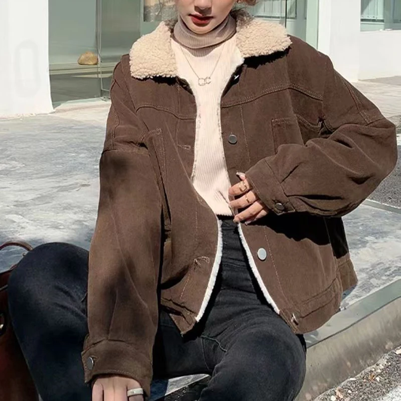 thumbnail image 1 of Abrigo de lana de cordero de invierno 2023 para mujer, estilo coreano, chaqueta cálida de terciopelo de manga larga, abrigo grueso de un solo pecho para mujer, 1 of 5