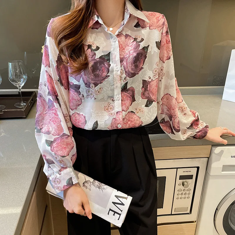Summer Lantern Sleeve Women's Shirt Loose Light Foreign Style Printed Chiffon Lady's Blouses Korean Casual Slim Embroidery Top
