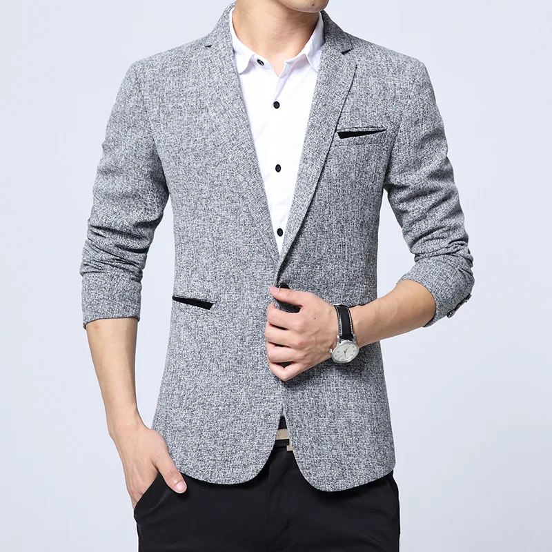 Casual Men's Blazer Autumn Winter Single Button Black Gray Blue Plaid Fashion Slim Fit Male Suits Jacket Young Man Clothing Tops