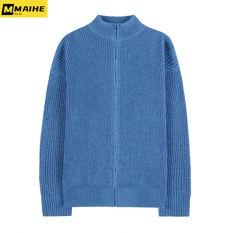 Margiela style knit sweater jacket for men Winter Thick warm semi-turtleneck zip-up cardigan loose vintage trend sweater for men