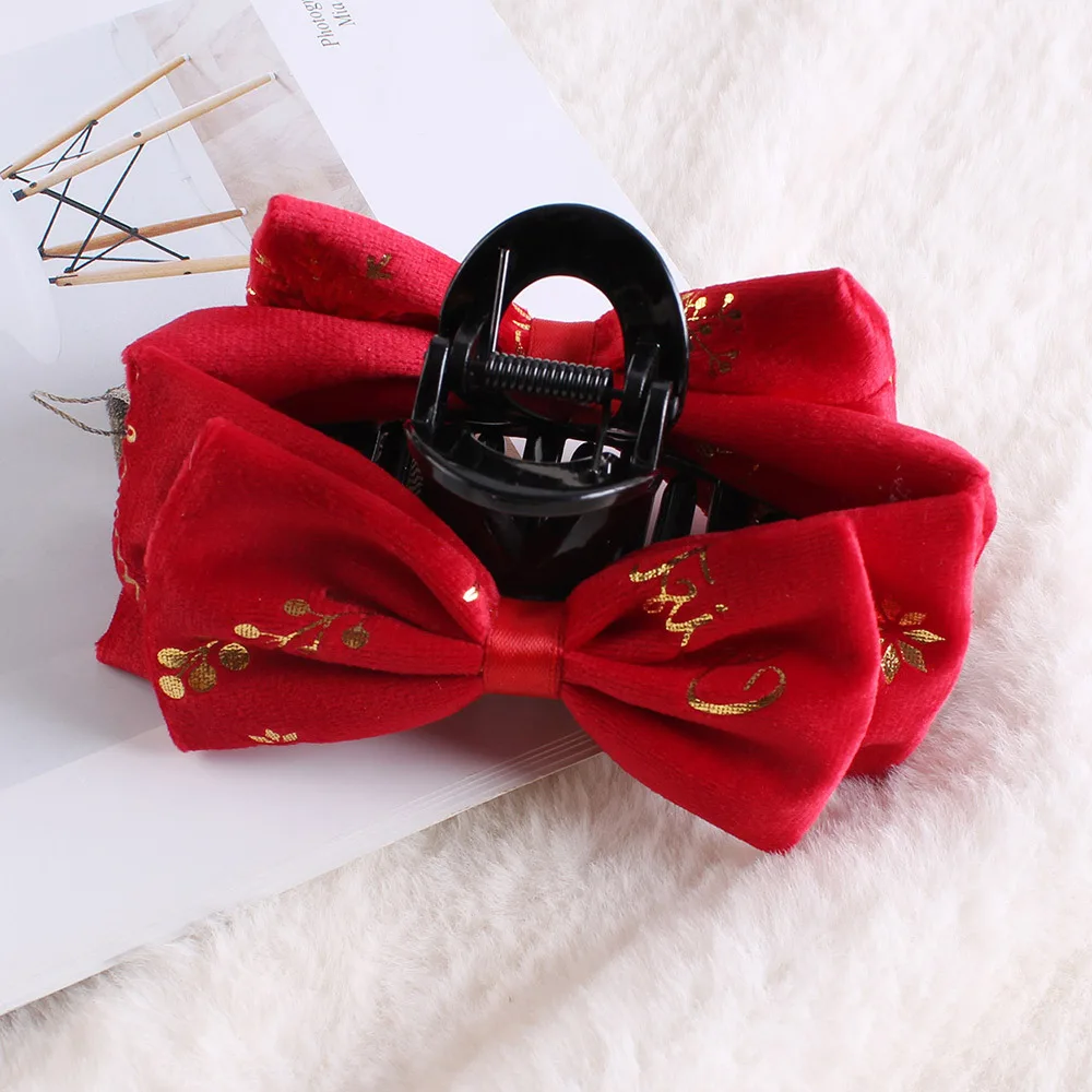 1PC Christmas Bow Hair Claw Velvet With Gold Foil Xmas Patterns, Festive Holiday Party Hair Accessory For Women & Girls
