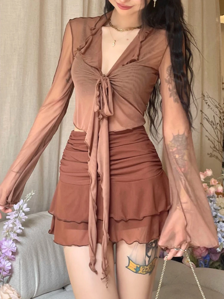 

ADAgirl Sexy Lace Up Mesh T Shirt Transparent Irregular Long Sleeve Tees Korean Style Y2k Crop Tops for Women Aesthetic Clothes