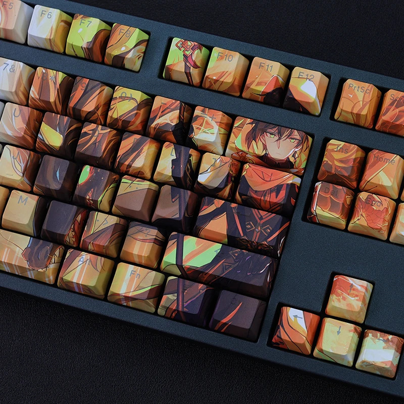 Chaves Conjunto Lados Pbt Tintura Subbed Keycaps Anime dos Desenhos Animados Gaming Keycap Backlit para Genshin Impacto Morax 108 - Imagem 5