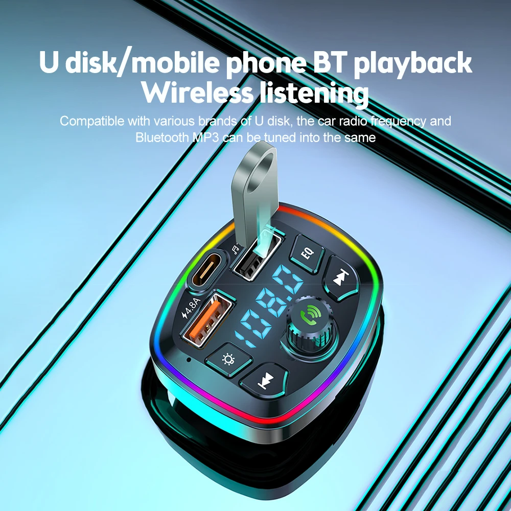 Car Bluetooth FM Transmitter PD 18W Type-C Dual USB 4.2A Fast Charger LED Backlit MP3 Player Q7 Model