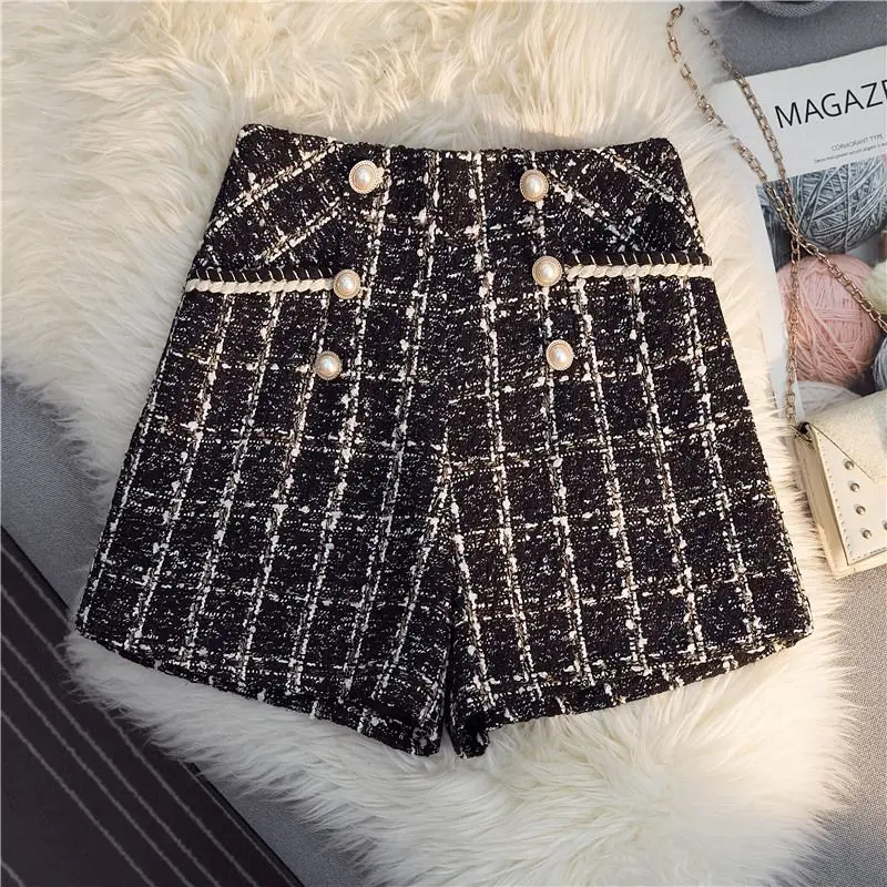 Xiaoxiangfeng Shorts Women's Autumn and Winter New Fashion High Waisted Zipper Plaid Button Pockets Woolen A-line Wide Leg Pants