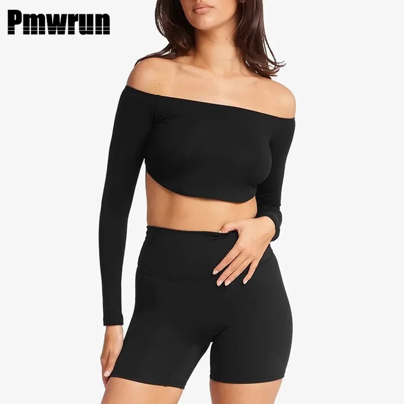 PMWRUN 여성 요가 탑 오프 숄더 긴 소매 크롭 오픈 백 소프트 스트레치 짐..