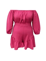 Rose Red Casual Off-the-shoulder Three-quarter Sleeve Ruffle Fitted Holiday Jumpsuit - Image 5