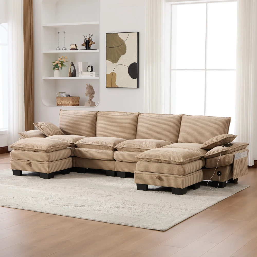 Modulares 4-Sitzer-Sofa mit Kabelanschluss, hochdichter Schaumstoffpolsterung, USB-C-Anschluss und Seitentaschen. Ideal für Wohnzimmer, Büro oder Lounge – Detail 15