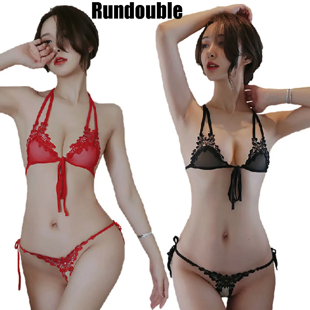 

Women Summer Black Embroidered Love Lace Halter Bra Lingerie Set Nightwear Transparent Panties Hot Exotic Hollow Out Nightdress