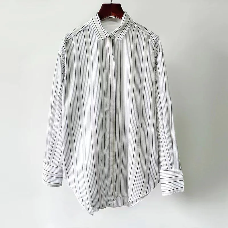 

Striped hidden button shirt casual fashion 2023 summer new style 0406